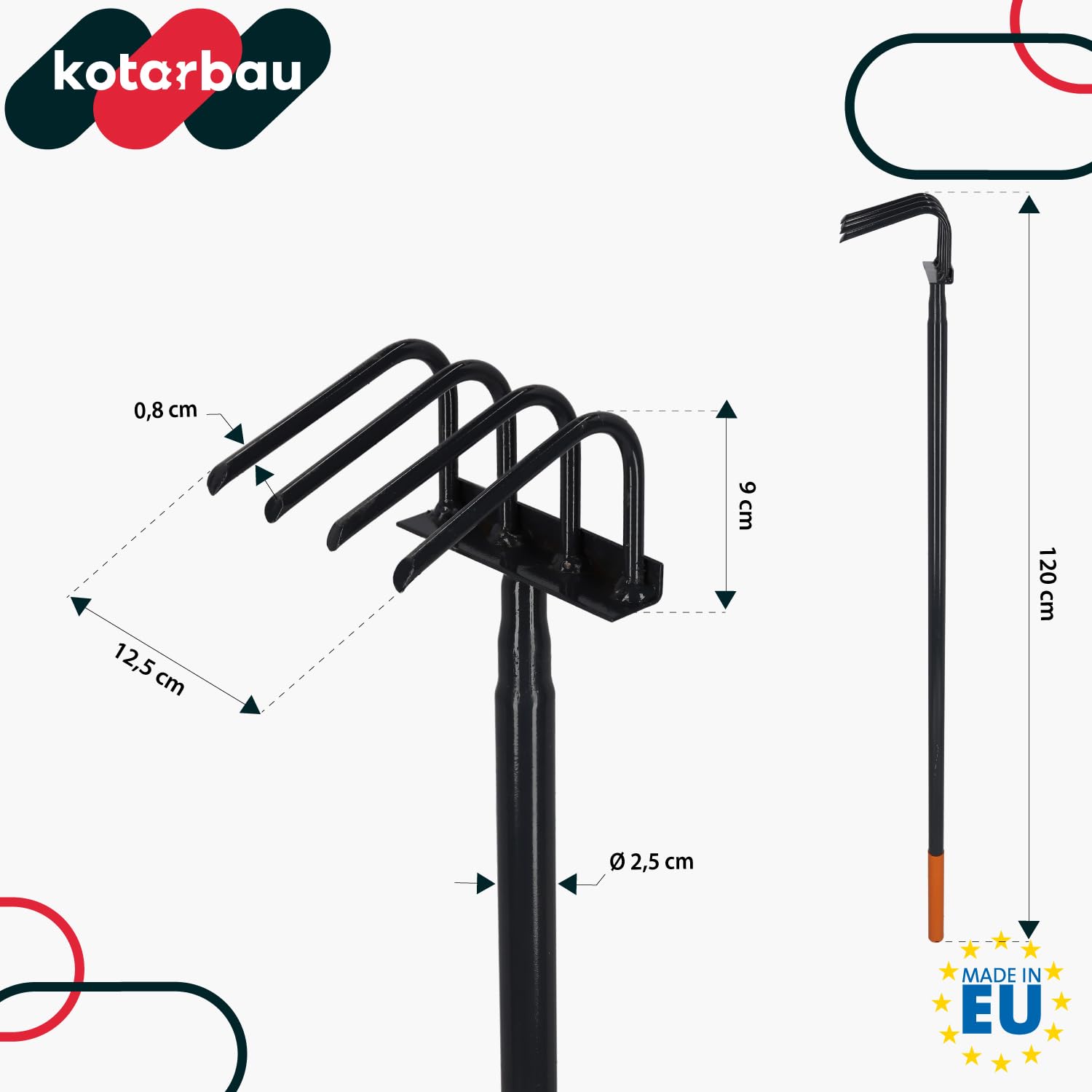 KOTARBAU® Binette de jardin à 4 dents avec manche de 120 cm - En acier - Pour désherber le sol - Pour ameublir le sol - Outil de jardin - Aérer et aérer avec griffes - Râteau à fleurs