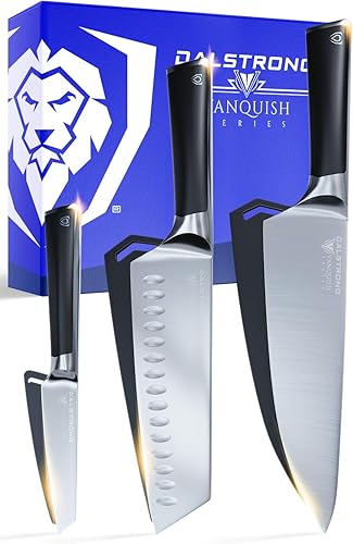 Dalstrong Vanquish Series - Juego de cuchillos de 3 piezas - Acero alemán forjado de alto carbono - Mango negro - Cuchillo de chef, Santoku y pelar
