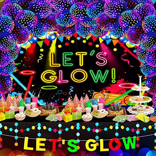 Glow Neon Party Decoration Supplies, Glow Party Backdrop 5 x 3 Ft, Let's Glow banner, 14.4 Feet Neon Paper Garlands, 25 Pieces 12 inch Fluorescent Balloons with Neon Dots for Birthday and Glow Party