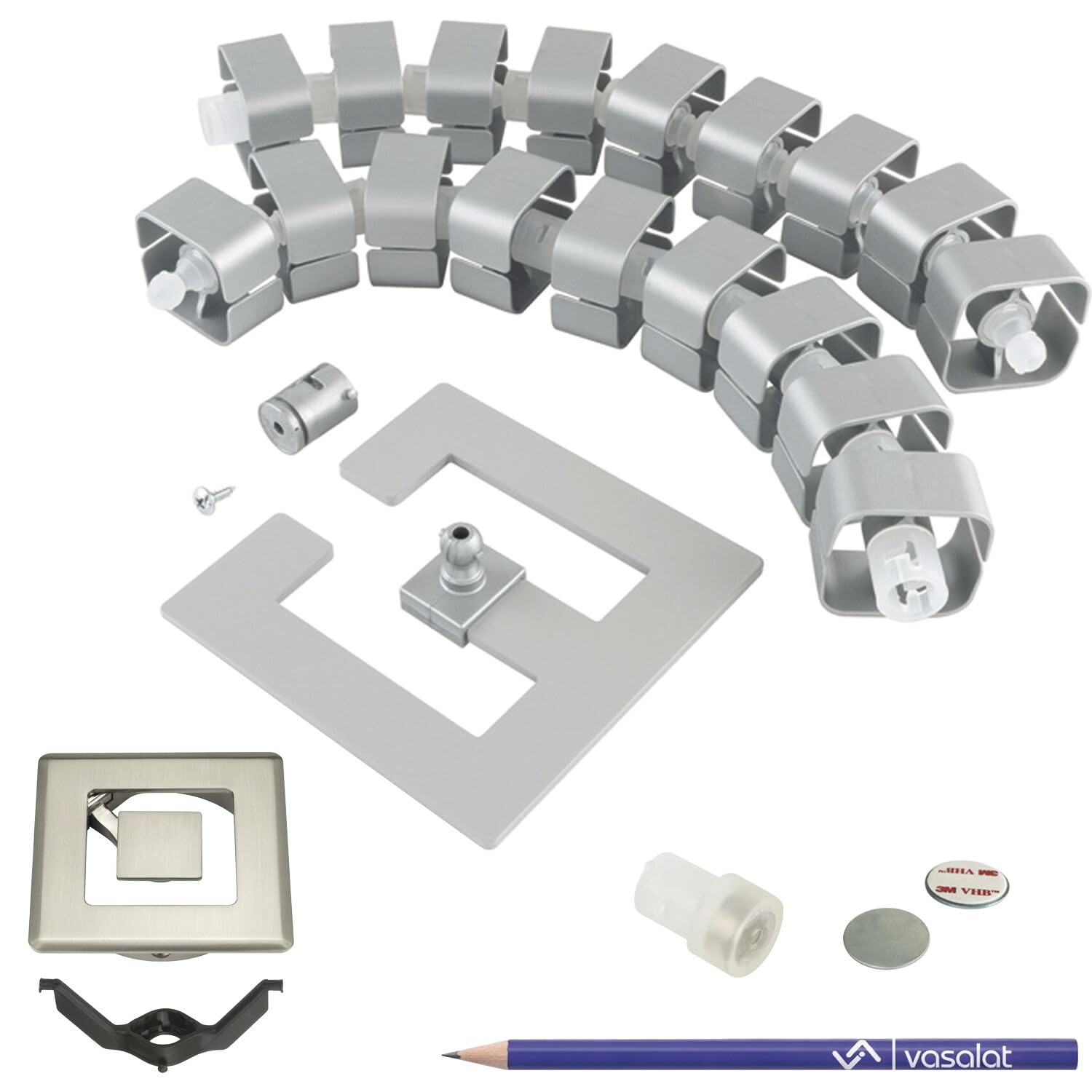 vasalat Kabelführung Schreibtisch Kabelmanagement Komplettset Orbit mit Kabeldurchlass 90x90mm + magnetischer Kabelkanal + Befestigungsclips + Magnete alufarbig Länge 580-750mm
