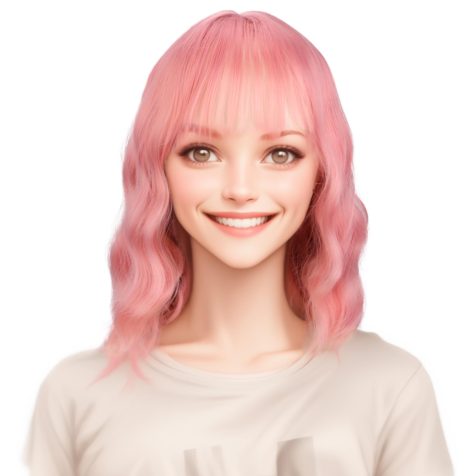Light Pink Wig For Women - 12" Short Pink Wigs with Bangs, Shoulder Length Pastel Curly Wavy Wig, Colorful Synthetic Costume Cosplay Wig for Girls