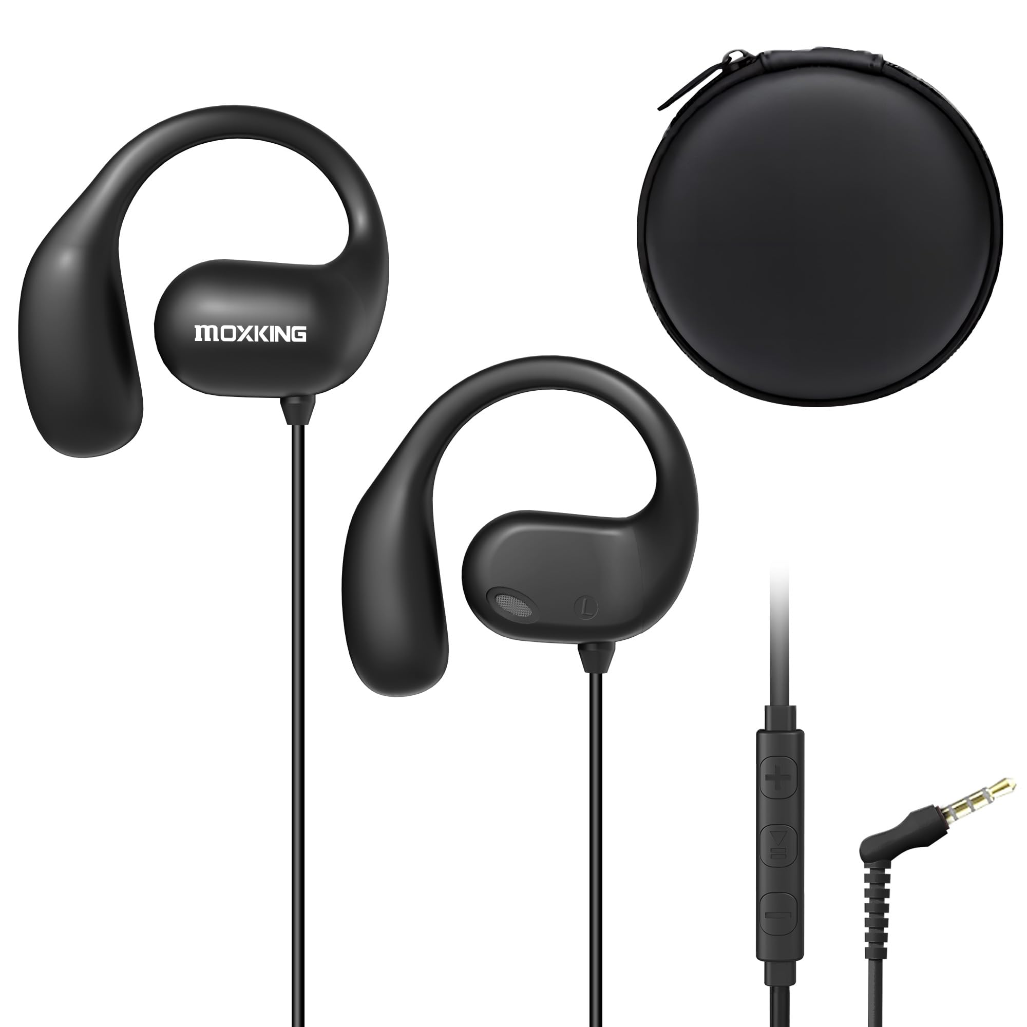 Écouteurs filaires ouverts avec microphone contrôle du volume et appels avec commandes en ligne, prise jack 3,5 mm et crochet enveloppant autour de l'oreille