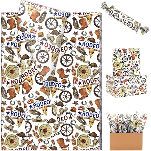 60 Sheets Western Brown Cowboy Tissue Paper 20x14 Brown Wild West Cowboy Boots Hat Printed Gift Wrapping Paper for Horse Racing Party Birthday Party Supplies