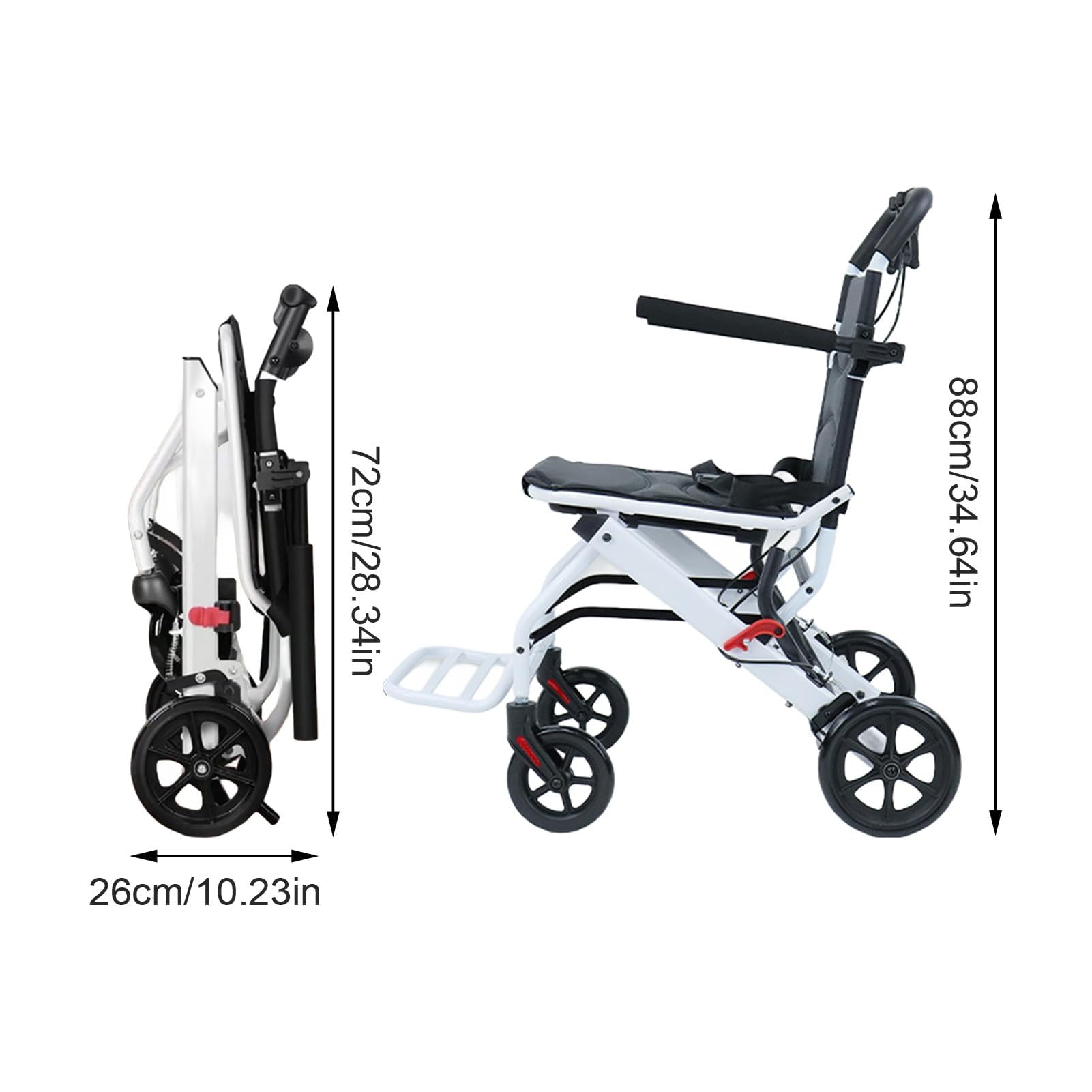 Chantier roulant de transport pliant léger, petit fauteuil voyage portable avec sangle sécurité réglable, freins à main verrouillage, cadre en alliage aluminium, roues PU, charge 100KG