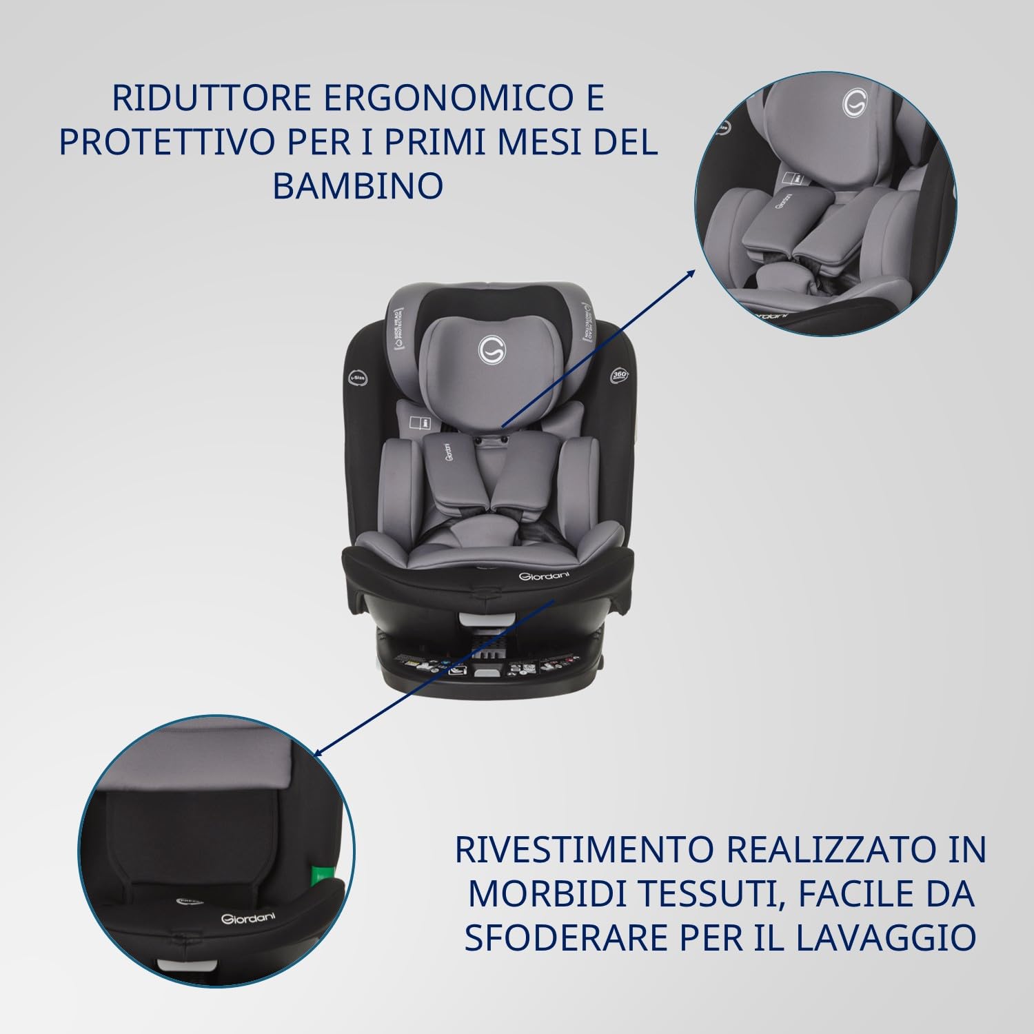 Giordani Jupiter Seggiolino Auto 40-150 cm I-Size, Base Girevole 360°Omologato R129/03, Connettori Isofix e Top Tether, Reclinabile, Riduttore Neonato e Regolazione Automatica, 0-12 Anni