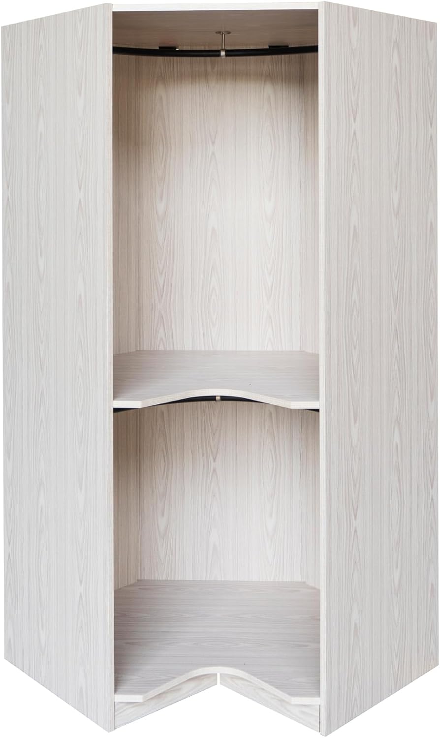 Corner Wardrobe Closet with Dual Shelving Units, Space-Saving Polygon Corner Closet Storage Cabinet with Hanging Rod, Wooden Wardrobe Armoire Closet Clothes Organizer Cabinet for Bedroom, Natural