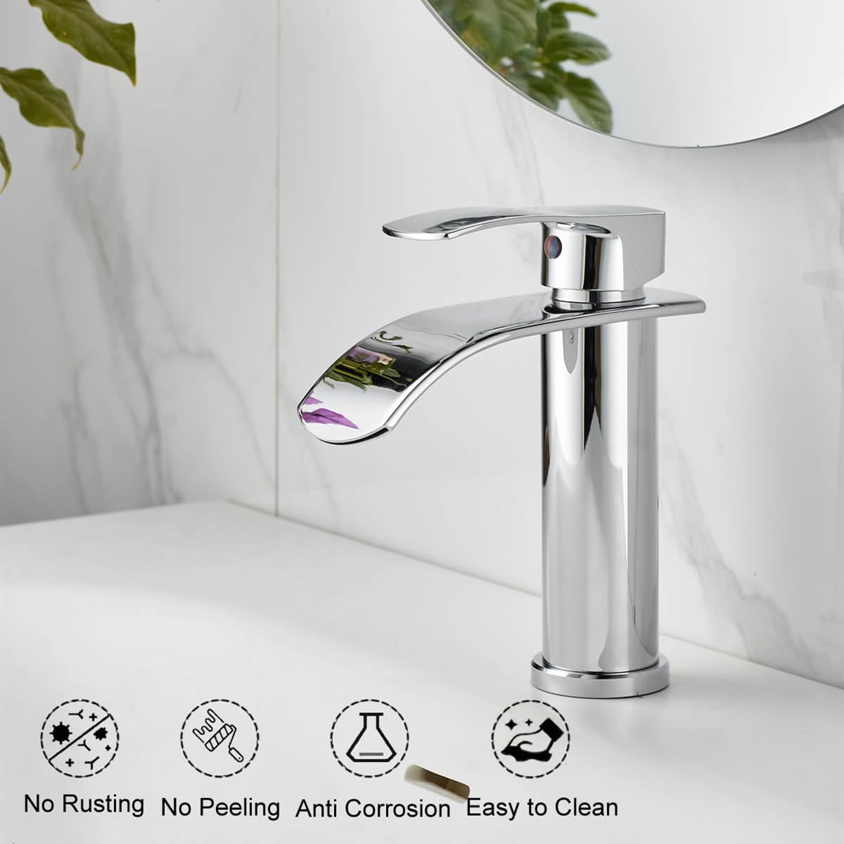 Beelee Robinet de lavabo cascade monotrou avec raccord d'eau froide et chaude G3/8", chromé, robinet moderne pour lavabo de salle de bain