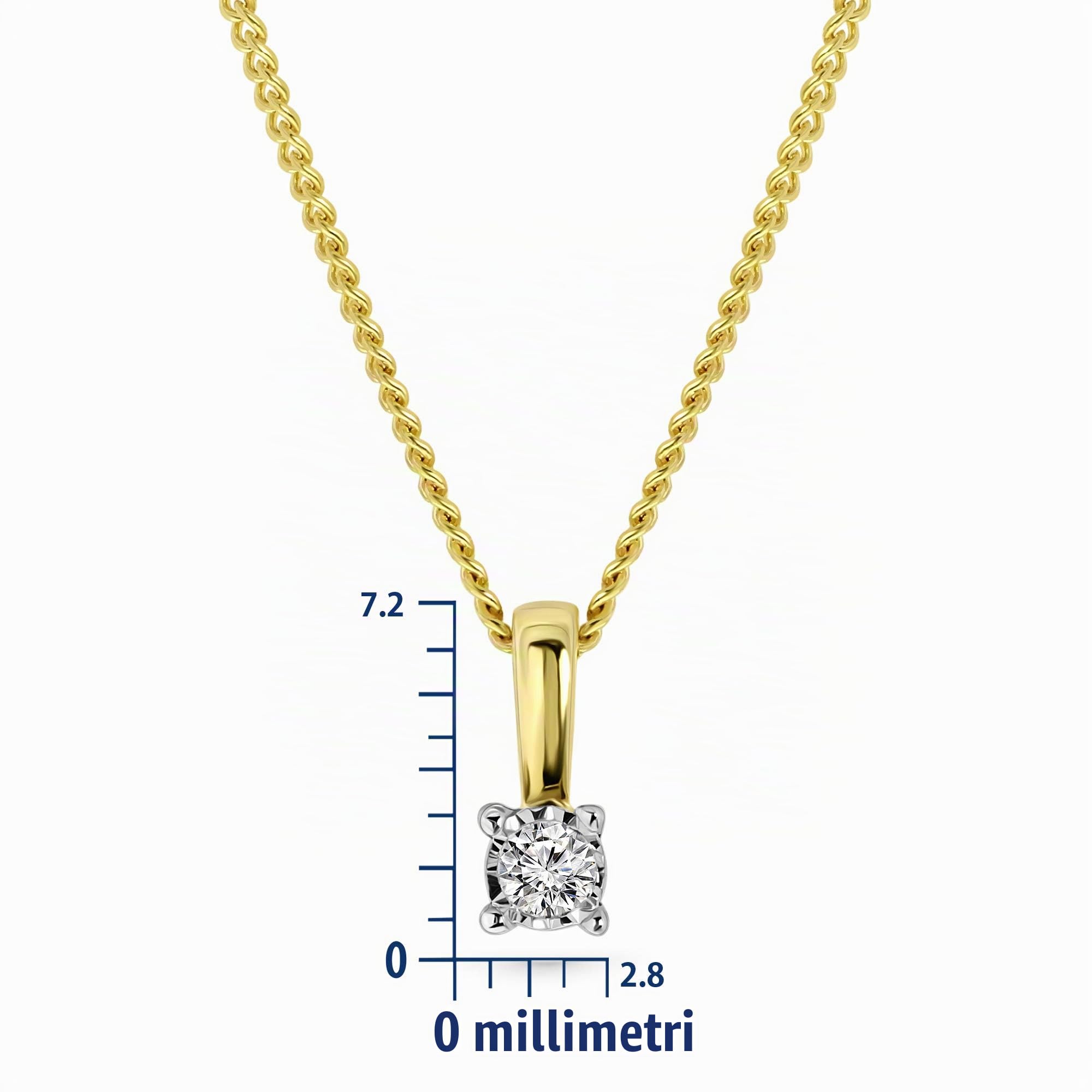 MIORE - Collana Donna Oro Giallo- Oro Bianco Vero 9KT 375 - Diamante Naturale, Punto Luce Pendente con Catena, Collana anallergica Catenina lunga Cm. 45