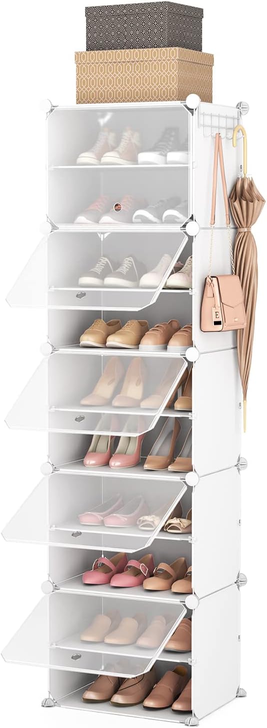 ROJASOP Shoe Organizer, 10-Tier Portable Shoe Rack Organizer with 2 Hooks 20 Pairs Shoes Storage Cabinet with Doors Plastic Shoe Closet for Entryway Bedroom Hallway (Clear, 1 by 10)