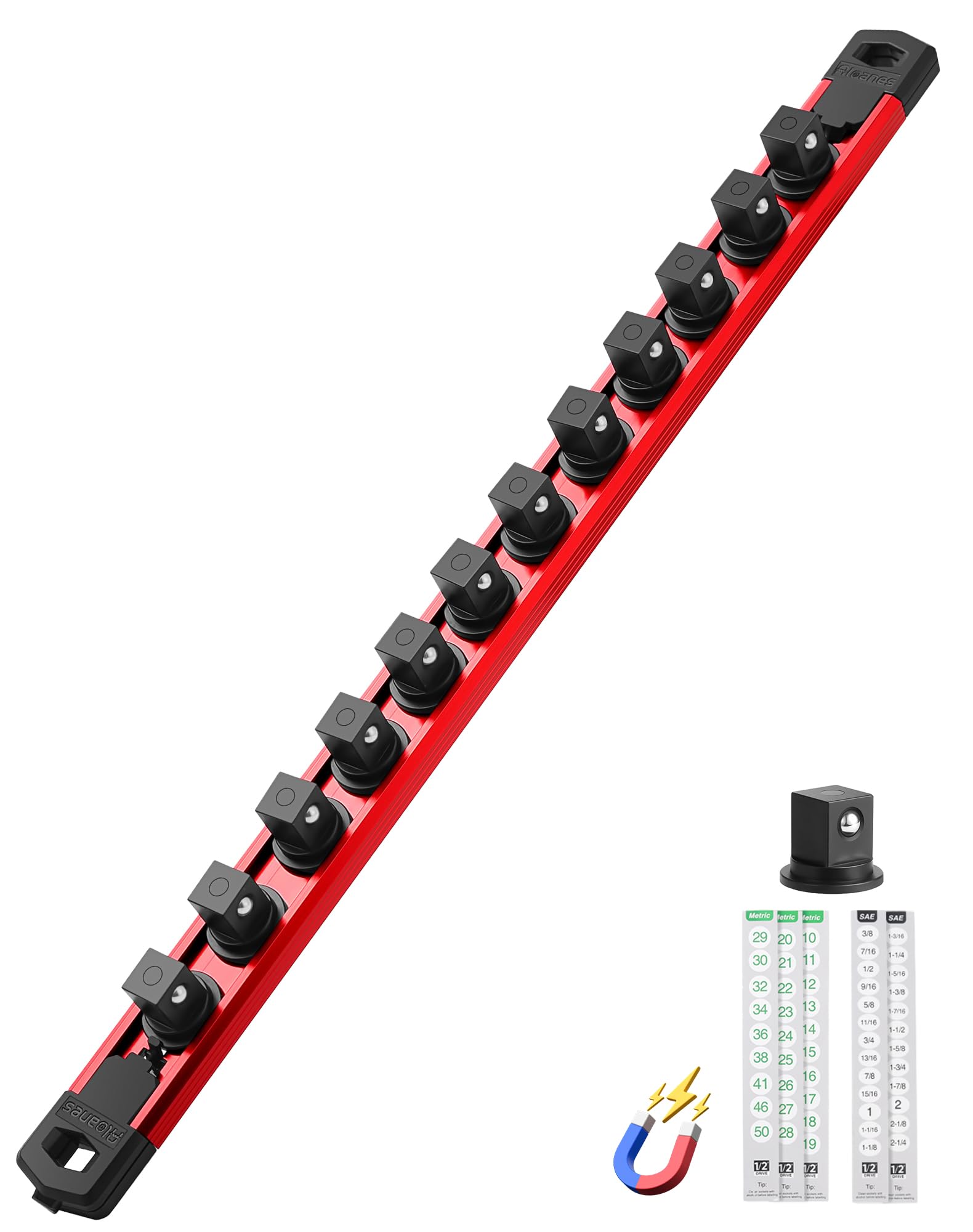 ALOANES Magnetic Socket Organizer, 1/2" Rail 12 Clips (Red, 1PC)