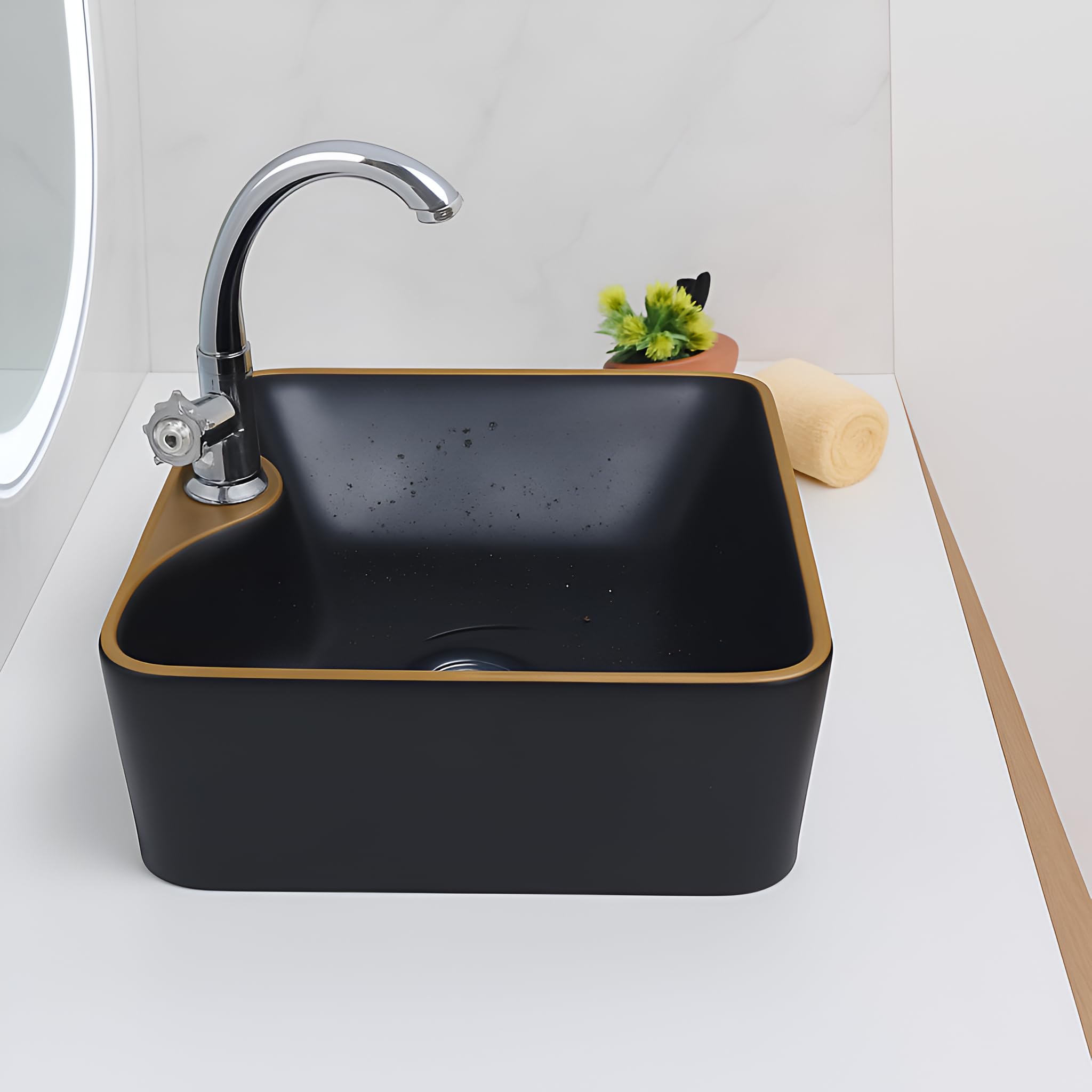 SEA SHORE Imported Ceramic Table Top Wash Basin β Over Counter Slim Rim Vessel Sink for Bathroom & Living Room (20 x 15 x 5.5 Inch, Black & Gold Border) 2