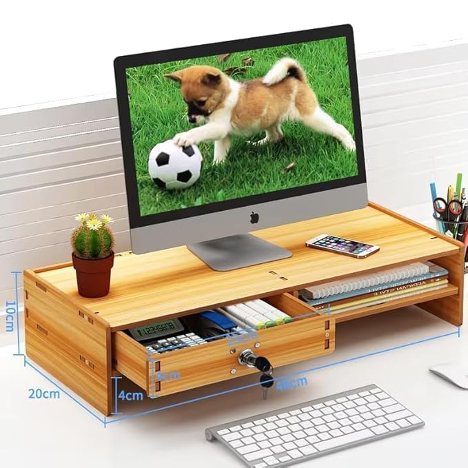 Image of Wooden Monitor Stand Riser with Storage Compartment and Lockable Storage Drawer Stand | Adjustable Desktop Organizer for Computer, Flax, Laptop & Printer (Monitor Stand (Lock) 3 Box)