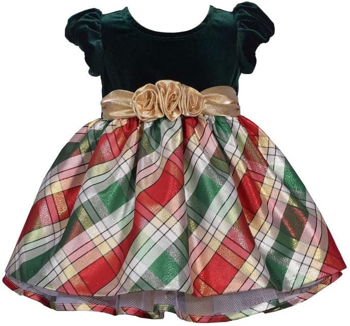 Bonnie Jean Girl's Christmas Dress - Green Holiday Plaid Dress for Baby, Toddler and Little Girls