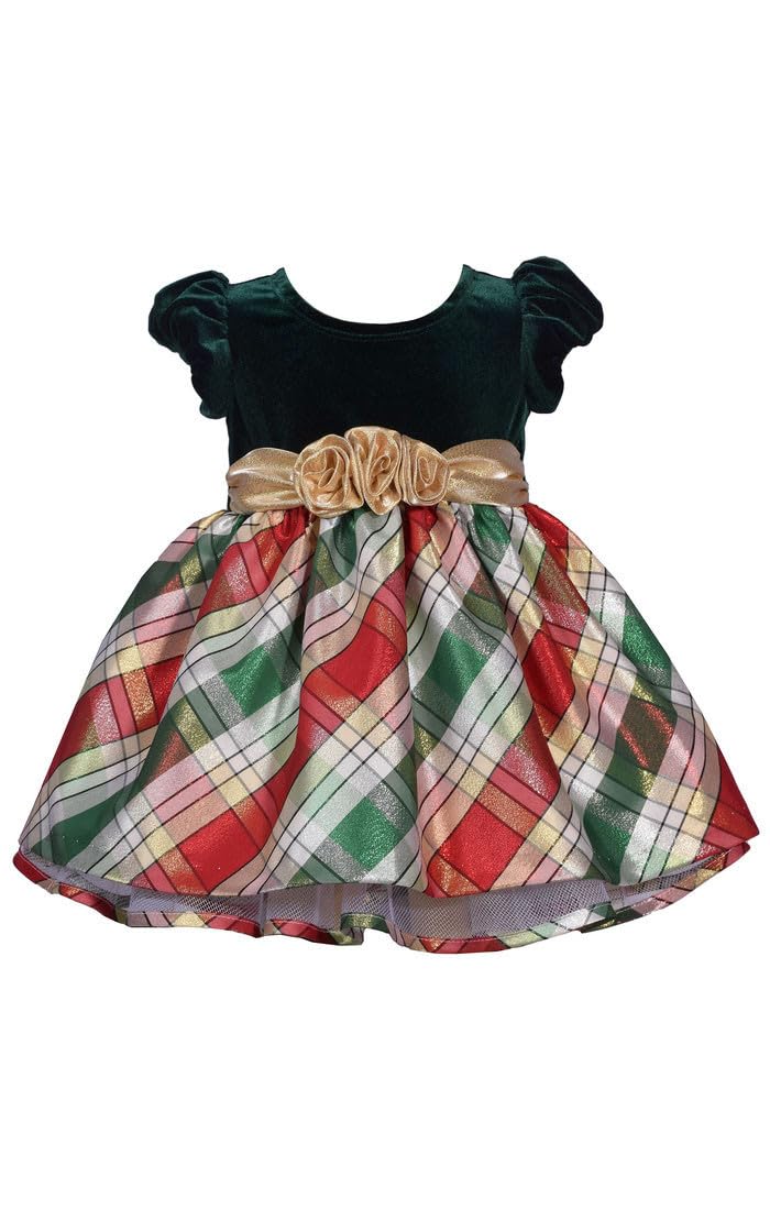 Bonnie Jean Girl's Christmas Dress - Green Holiday Plaid Dress for Baby, Toddler and Little Girls