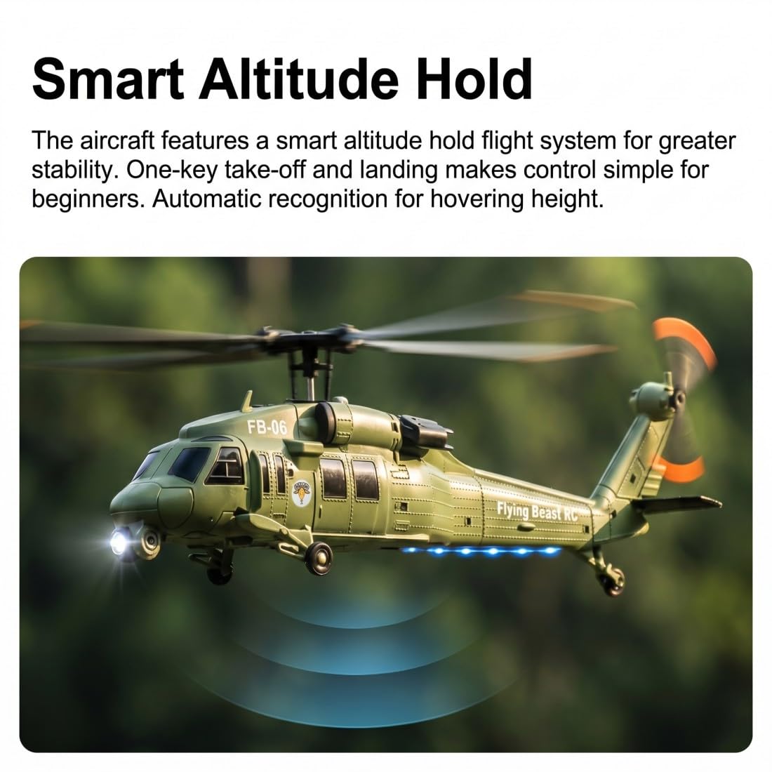 Elicottero RC FB06, motore brushless da 2,4 GHz, giroscopio a 4 canali a 6 assi, mantenimento dell'altezza e flusso ottico, illuminazione a LED (3 batterie)