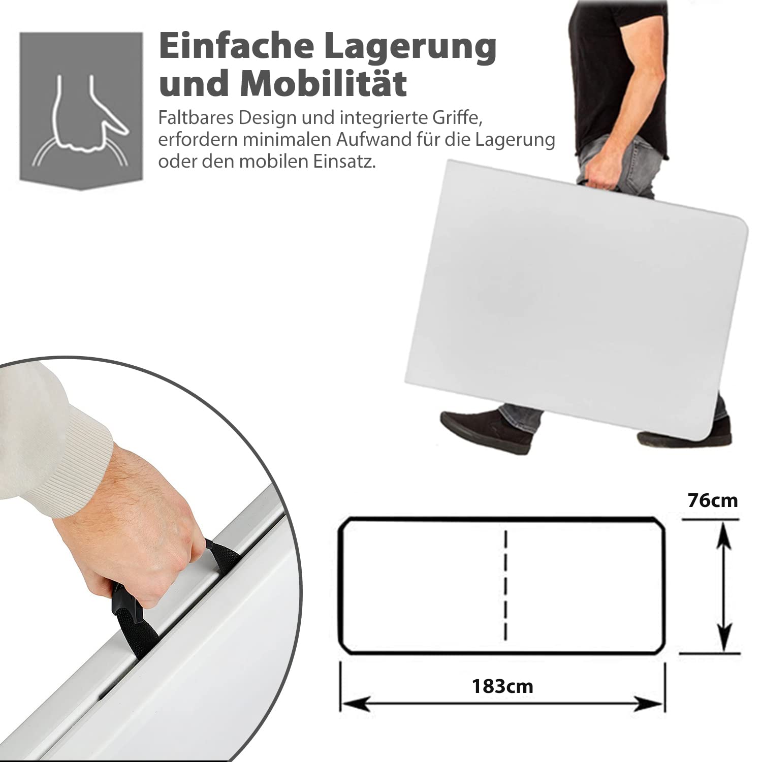 MaxxGarden Klapptisch – Campingtisch klappbar - Tragbarer Falttisch - Gartentisch aus Plastik - Klappbarer Tisch 180x70x74cm – Falttisch für Indoor und Outdoor - Weiß