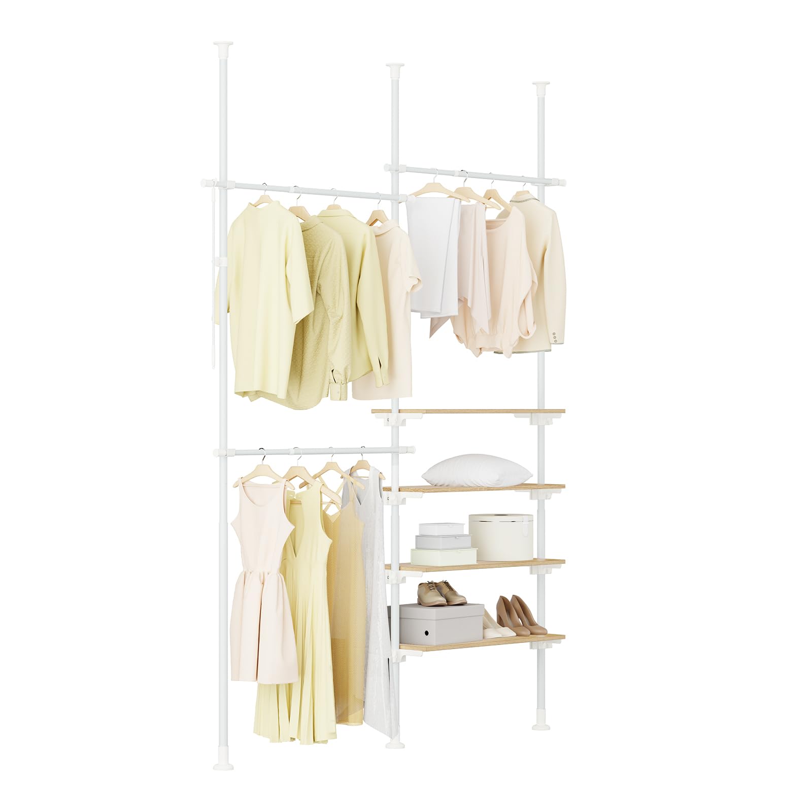 SoBuy Telescopic Clothes Rail, Heavy Duty Clothes Rack, Adjustable Open Wardrobe with Hanging Rails & Shelves for Bedroom, Walk-in Closet White Natural KLS17-WN โ image 1