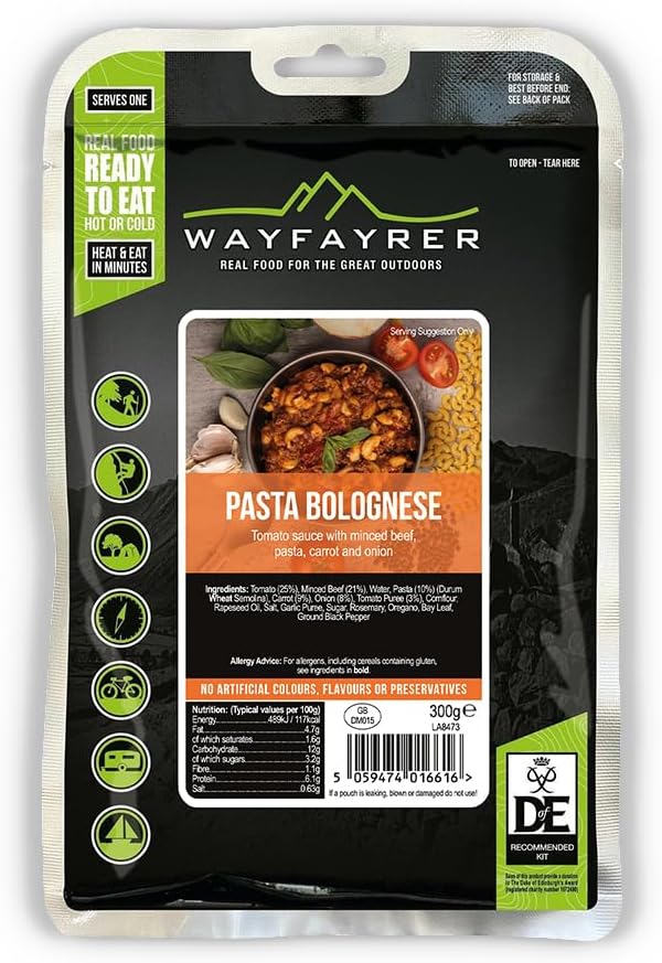 Wayfayrer Camping Food 300g Ready to Eat, Hot or Cold, Meal Pouch | Duke of Edinburgh Recommended Kit | Camping, Hiking, Fishing and Outdoor Adventures (Pasta Bolognese)