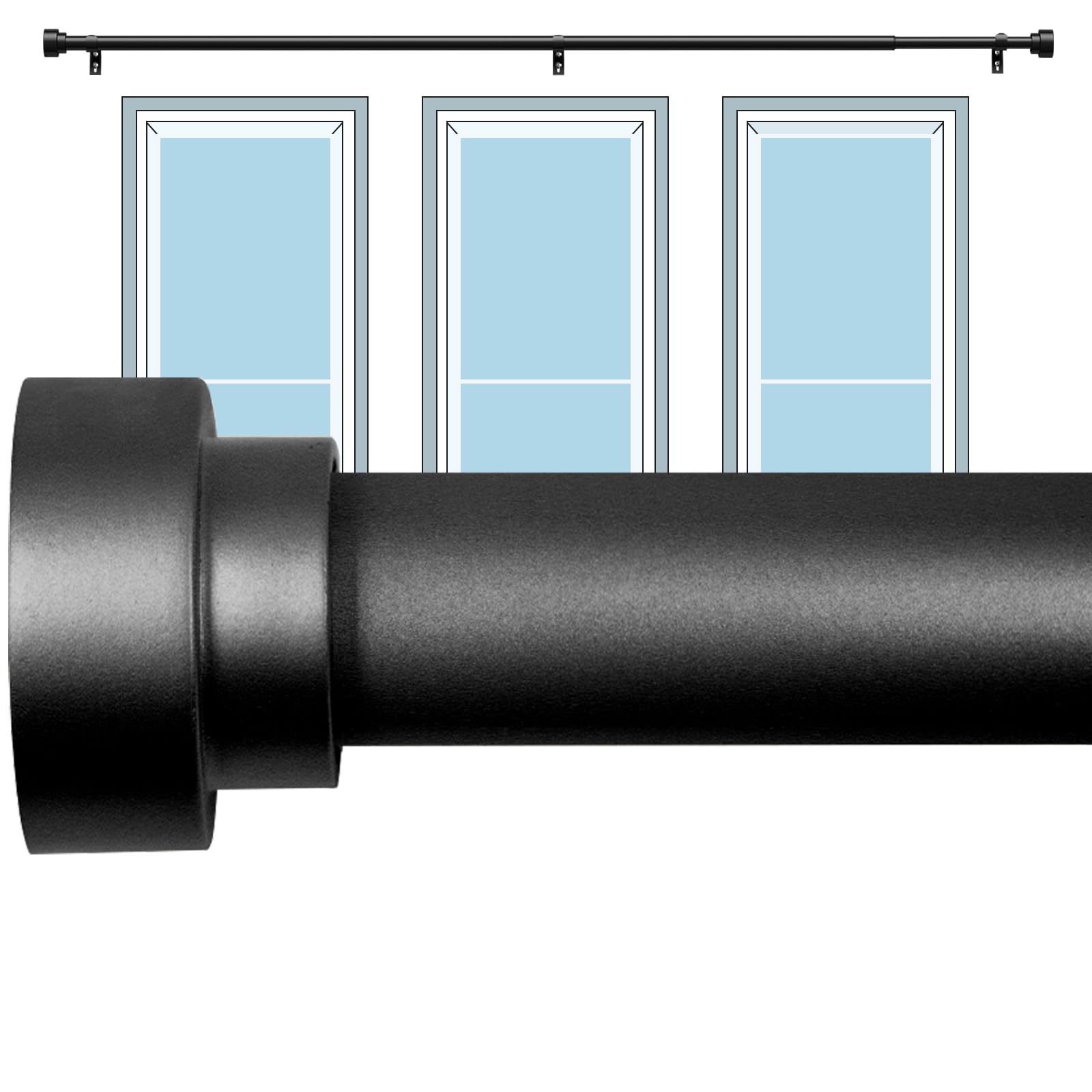 IFELS Heavy Duty Curtain Rods for Windows 72 to 144 Inch, 1 Inch Diameter Premium Quality Adjustable Rod Set with Easy Installation and Modern Design (A1Black,72-144)