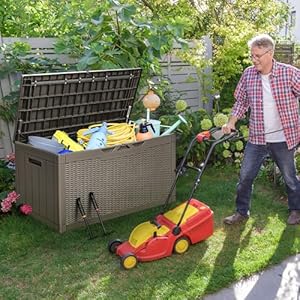 Greesum 100 gallon resin deck box large outdoor storage with cushions for patio furniture garden tools pool supplies weatherproof and uv resistant lockable coffee  urban country home decor