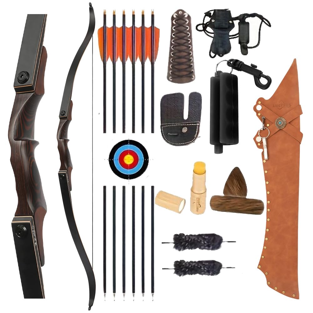 Set arco ricurvo smontabile da 60 pollici potenza 60 lbs, manico legno tecnico 15 pollici, completo di frecce per caccia outdoor e allenamento bersaglio