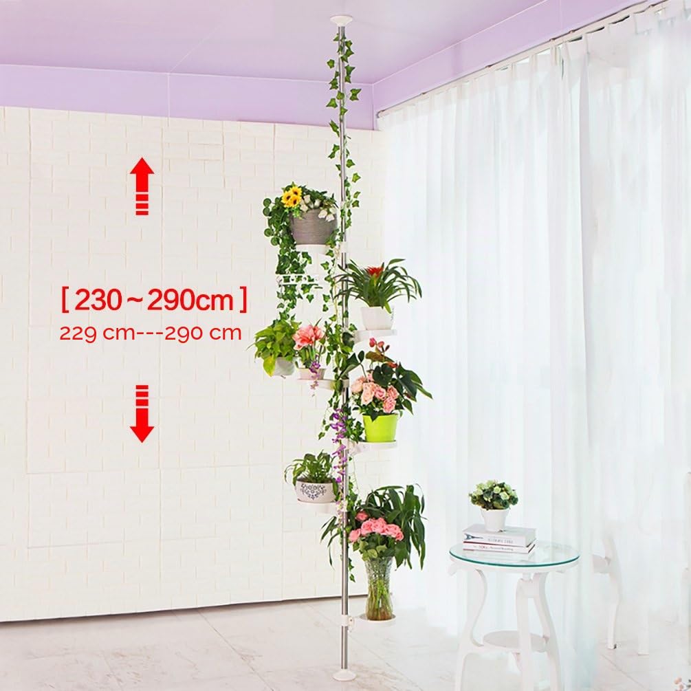 BAOYOUNI 7-Schicht Teleskop Blumenregal Blumentreppe Pflanzenständer Indoor-Anlage Steht Federspannung Pole Metall Blume Display Rack Space Saver Corner Floral Topf Aufhänger Regal, Elfenbein