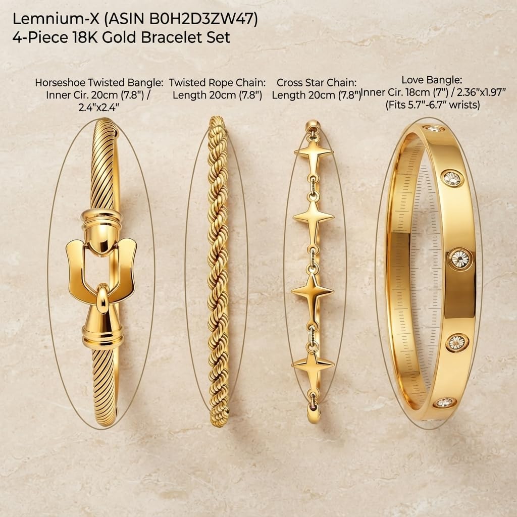 4PCS 18K Gold Plated Non Tarnish Stackable Love Bangle Bracelets for Women