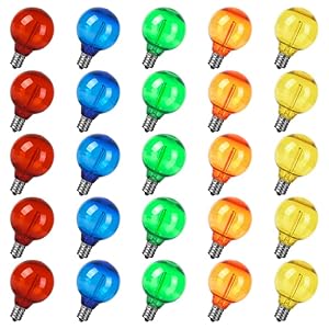 Multi Color G40 Light Bulbs LED for Outdoor String Light 1W Replacement 5W Globe Edison Bulb Shatterproof Christmas Plastic 120V E12 Screw Base RED BLUE GREEN YELLOW ORANGE Bulb In Patio Pack of 25…