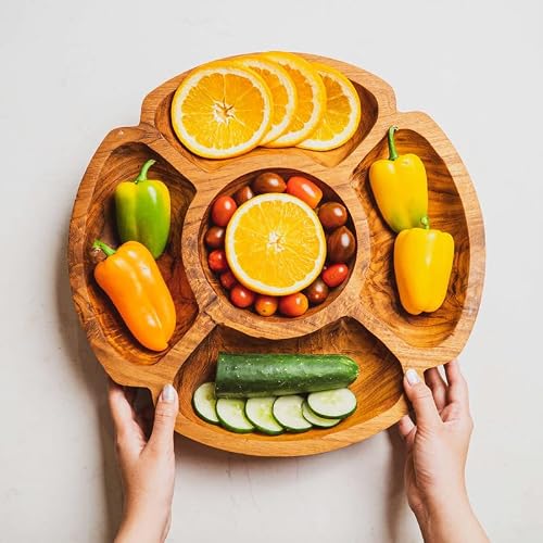 Rainforest Bowls Huge 16" Javanese Teak Wood Chip & Dip Divided Serving Set Platter- Ultra-Durable, Heirloom Piece Lasts A Lifetime- Exclusive Luxury Custom Design Handcrafted By Indonesian Artisans #TOP1