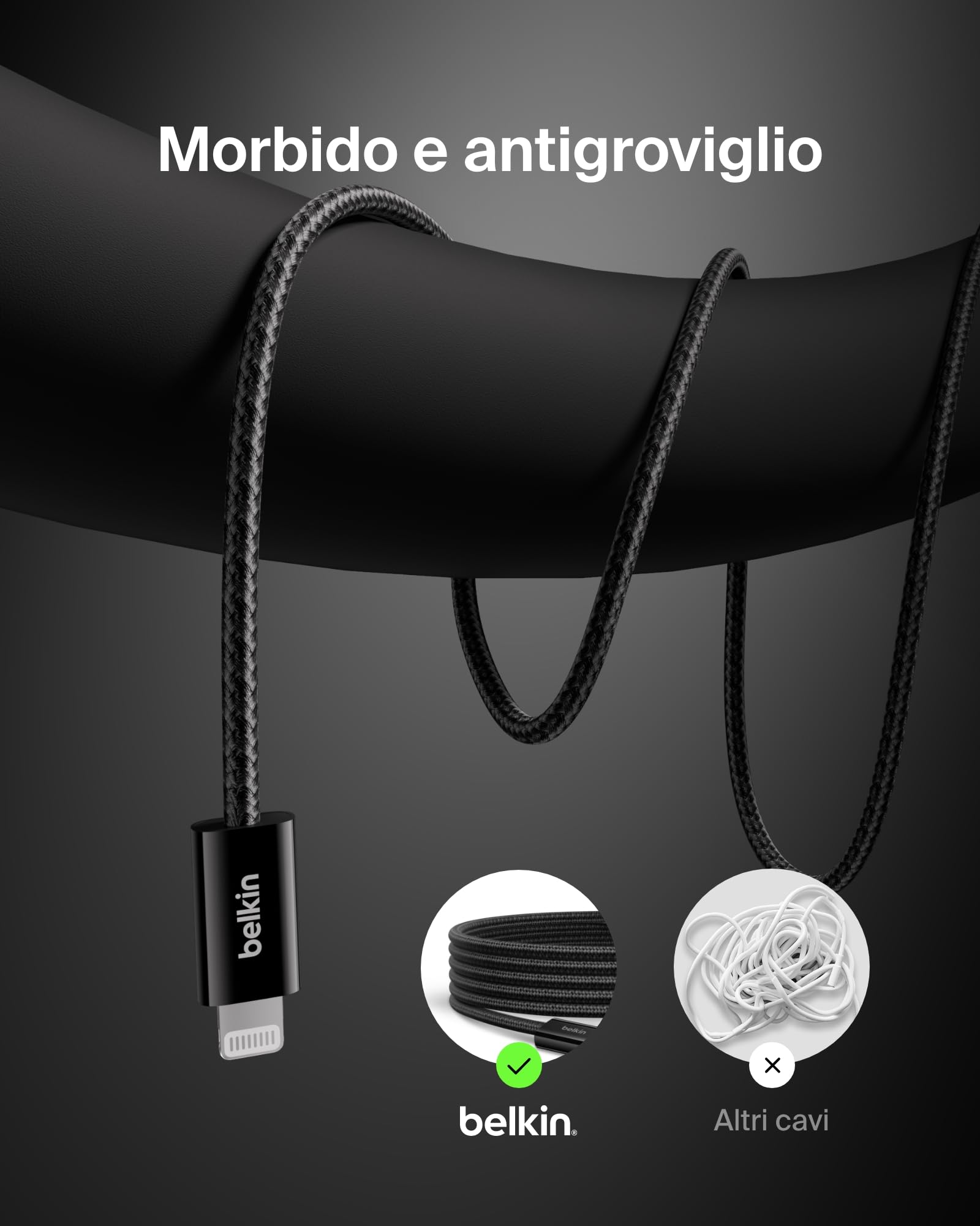 Belkin Confezione da 2 cavi intrecciati USB-C con connettore Lightning da 1,5 m, cavo flessibile per ricarica rapida, cavo Lightning per iPhone 14 e precedenti, iPad 9a gen. e AirPods, nero