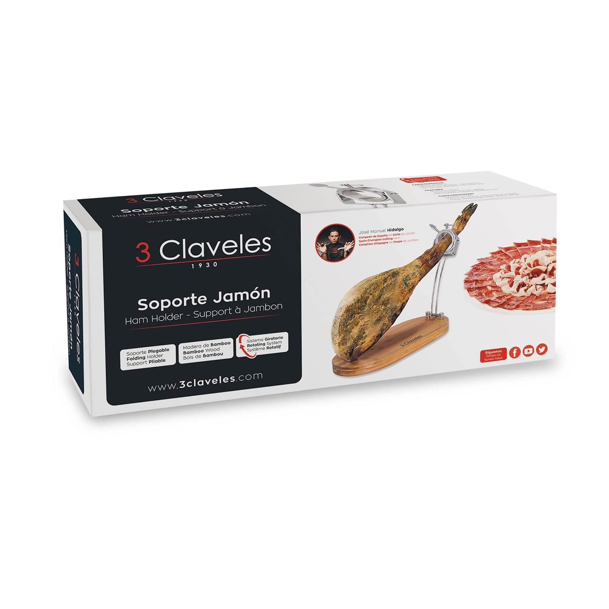 3 CLAVELES Support à Jambon Pliable pivotant 2 Positions en Bois et Acier Inoxydable 47 x 18