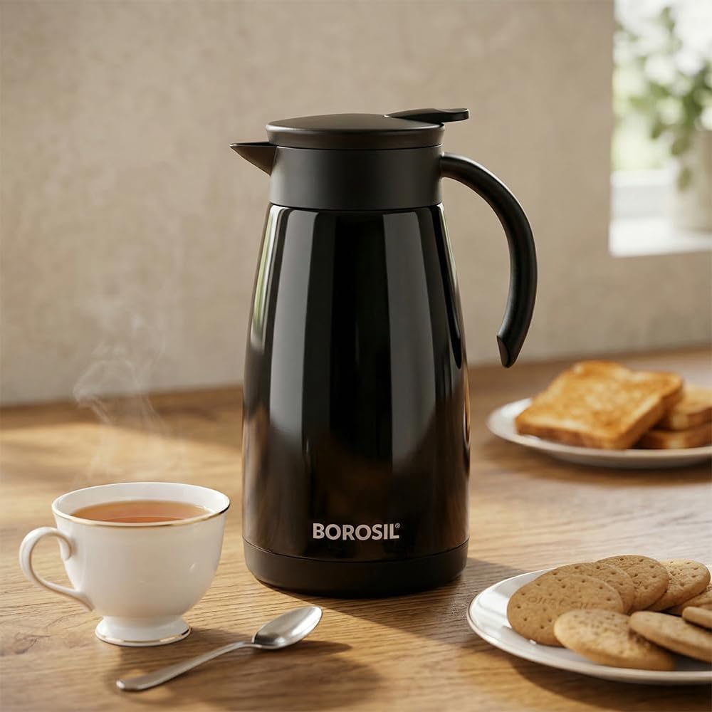 BOROSIL VACUUM INSULATED STAINLESS STEEL TEAPOT | TEA POT | THERMAL FLASK | THERMOS | CARAFE | JUG | COFFEE POT | FOR WATER, COFFEE, TEA | BLACK 1 LITER