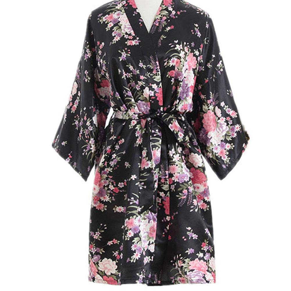 JZLPIN Women's Bridesmaid Robes Short Cherry Blossoms Kimono Robe Dressing Gown Black OneSize