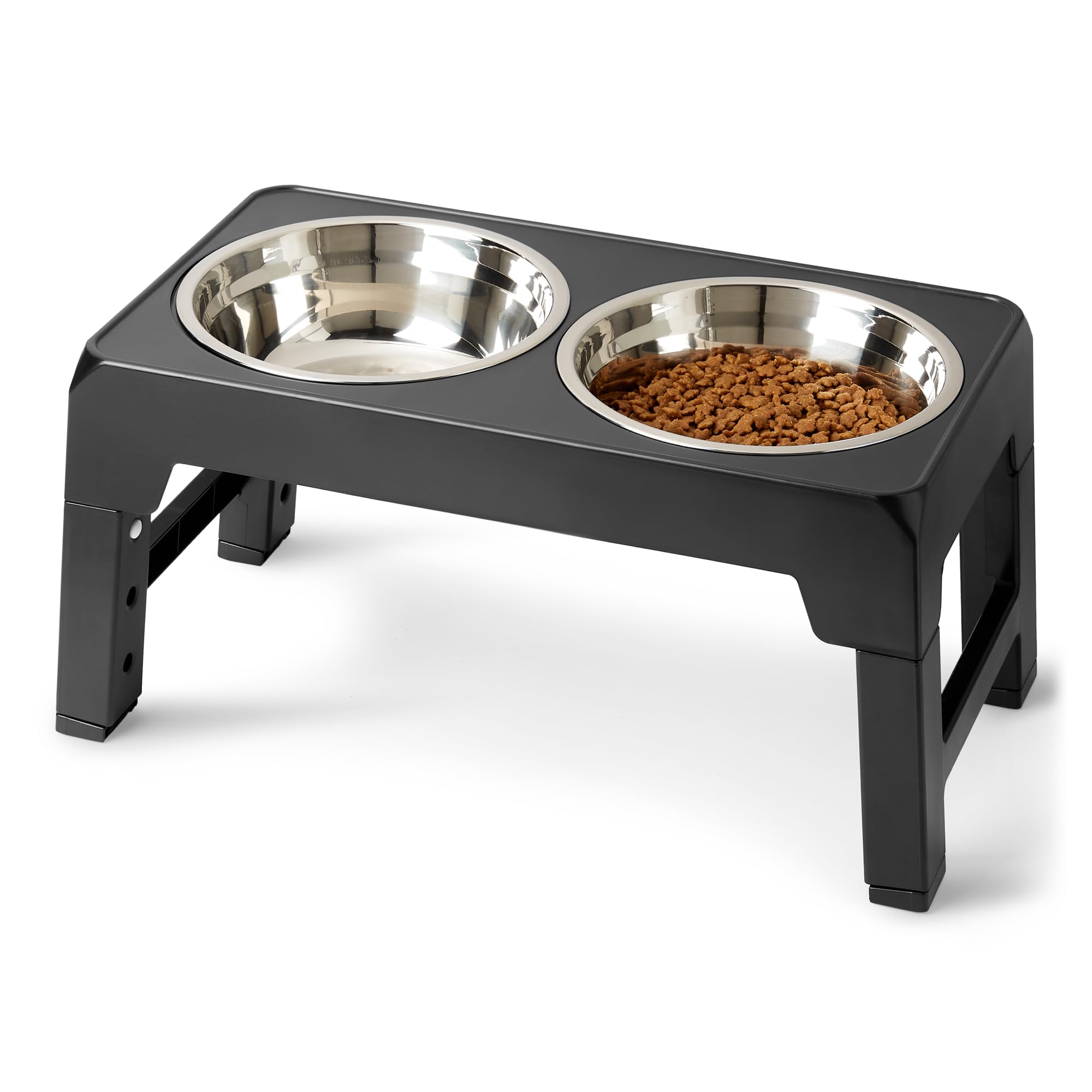 Amazon Basics, Supporto rialzato per Ciotole per Cani, Ciotola rialzata Regolabile in Altezza, Ciotole in Acciaio Inossidabile, Antiscivolo, mangiatoia per Animali Domestici, 44 x 24 x 30,5 cm, Nero