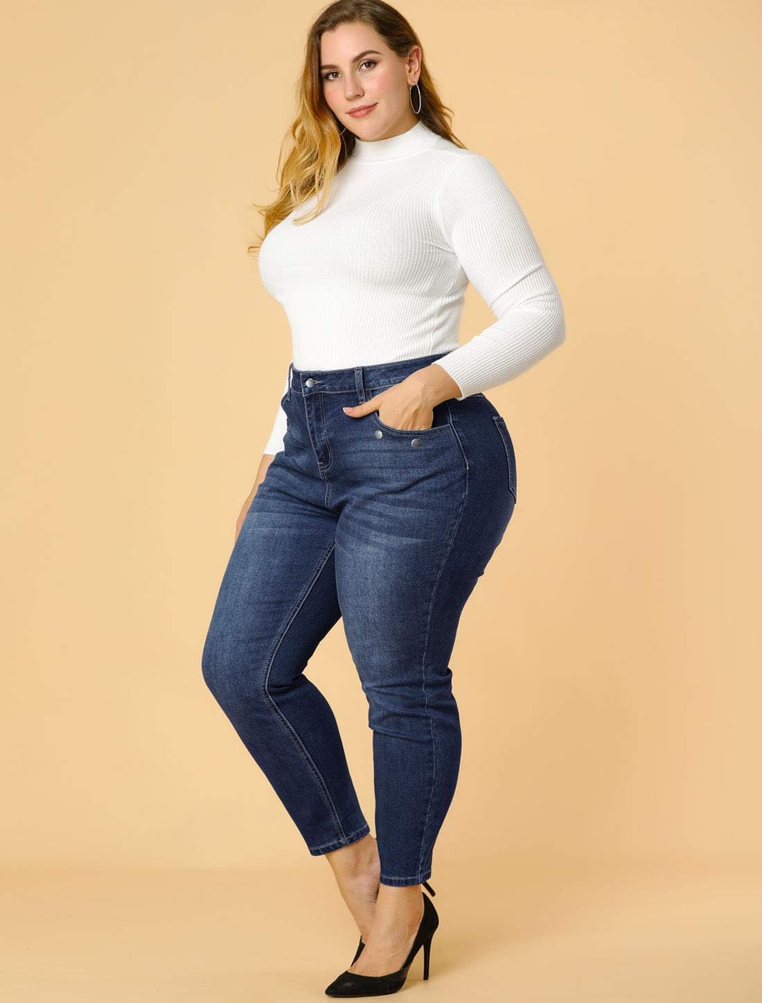 Agnes Orinda Women's Plus Size Denim Jeans Mid Rise Stretch Washed Skinny Casual Pants - Image 2
