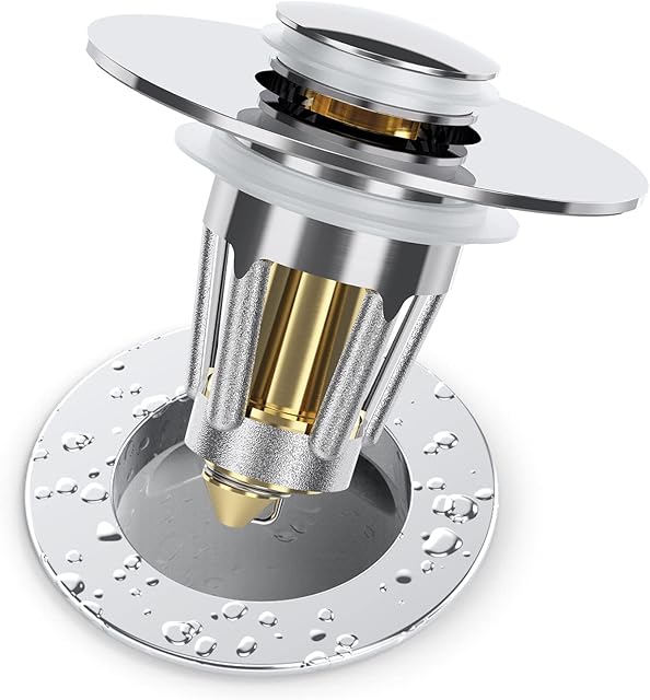 JIRVY Universal Bathroom Sink Plug Pop Up Sink Strainer Stopper for 28-38mm Drain Holes, Stainless Steel No Overflow Filter with Hair Catcher Bounce Core Push Type, for Kitchen and Bathroom (1 Pack)