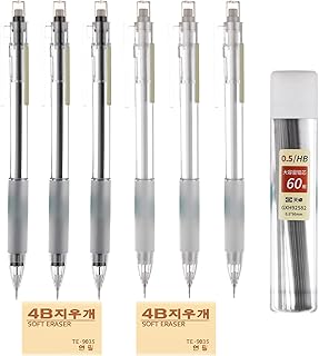 Bewudy 6PCS Aesthetic Mechanical Pencils Set, 0.5mm Transparent Pen Shell Mechanical Pencils with 60PCS HB Pencil Leads & 2PCS Erasers, Artist Pencil for Student Writing Drafting, Drawing, Sketching