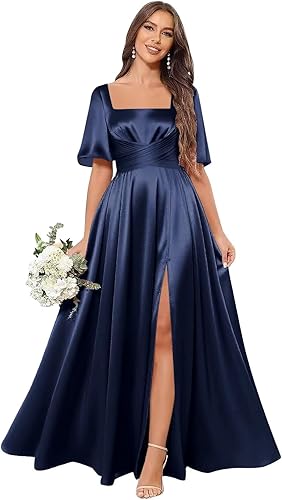 Square Neck Satin Bridesmaid Dresses with Slit Sleeves Long Formal Evening Dress for Women with Pockets