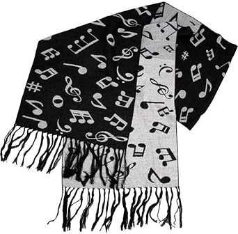 FQHTM Musical Notes Winter Scarf, Black and White Cashmere-Feel Fashion Accessory with Fringed Edge, 12 x 72 Inches