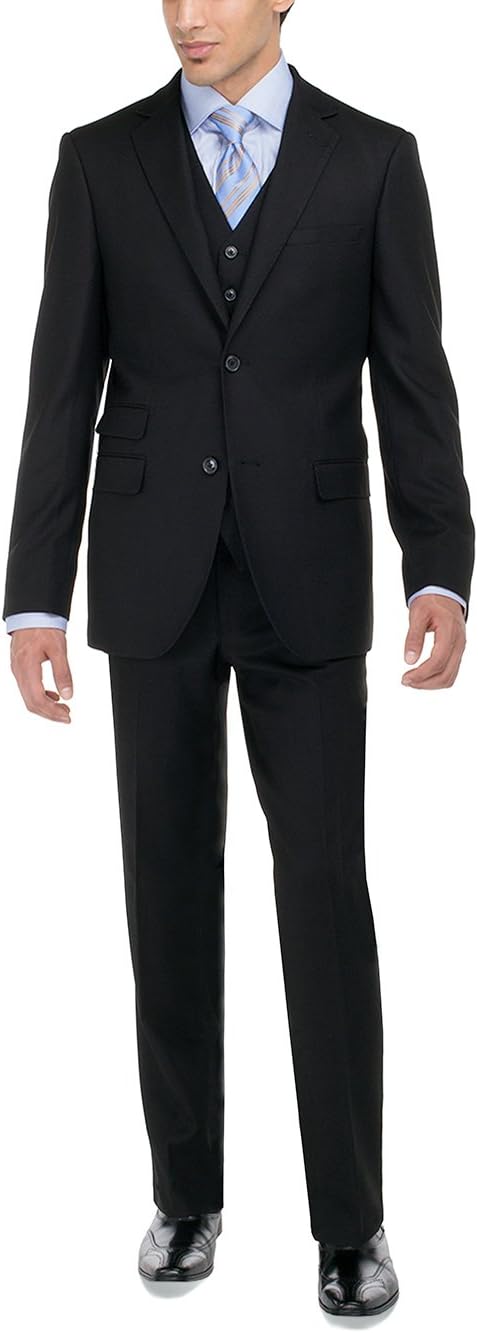 Luciano Natazzi Men's Two Button 3 Piece Vested Suit Set Bird's Eye Modern Fit (50 Regular US / 60R EU/W 44", Black)
