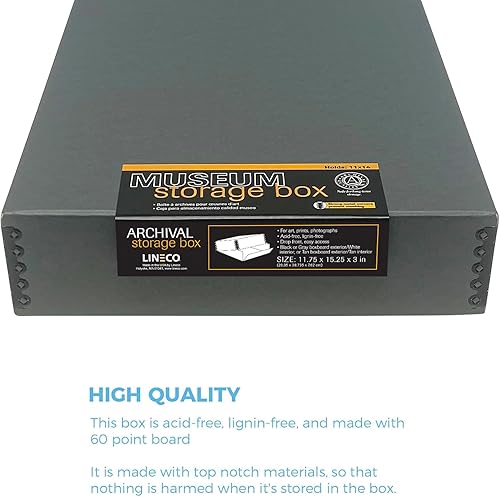 Vista 320 de Lineco, Caja de almacenamiento de archivos de museo de color tostado de 9 x 12 pulgadas, diseño frontal caído. Sin ácidos con borde de metal.