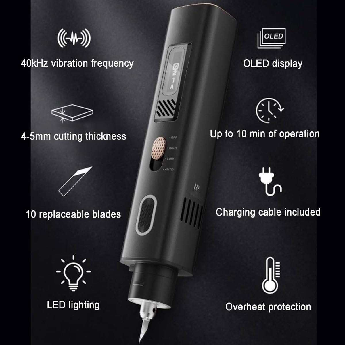 Zestaw do cięcia ultradźwiękowego, ręczne narzędzie do cięcia ultradźwiękowego 40 kHz z 50 wymiennymi ostrzami, oświetlenie LED, klucz sześciokątny, wyraźny ekran, podwójne tryby cięcia