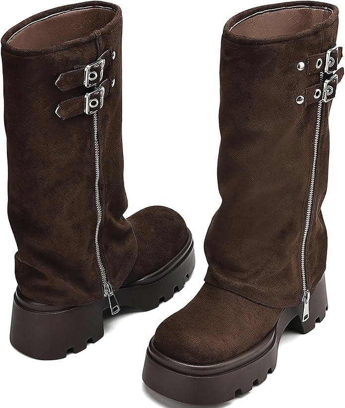 Image of MAVMAX Mid Calf Boots for Women Fold Over Zipper Buckle Riding Boot Black Wide Calf Platform Round Toe Chunky Low Heel Tall Boot Cowboy Biker Motorcycle Boots