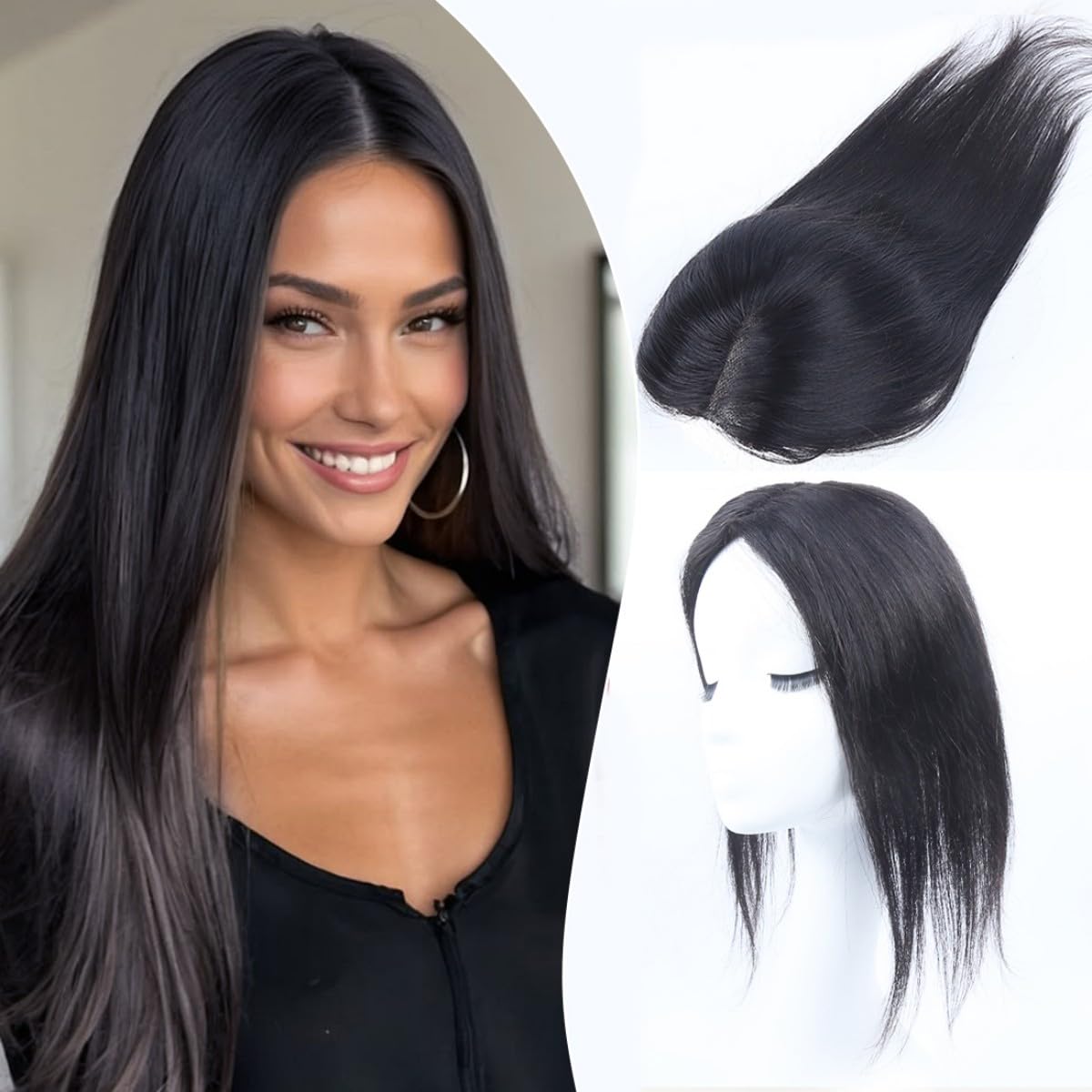 Sexycat Haar Toppers Echthaar Natürliche Schwarze für Damen, 100% Remy Haarteil Oberkopf für Volumen & Haarverdichtung bei dünnem Haar, Clip-in Hair Topper ohne Pony, Flauschig & Soft