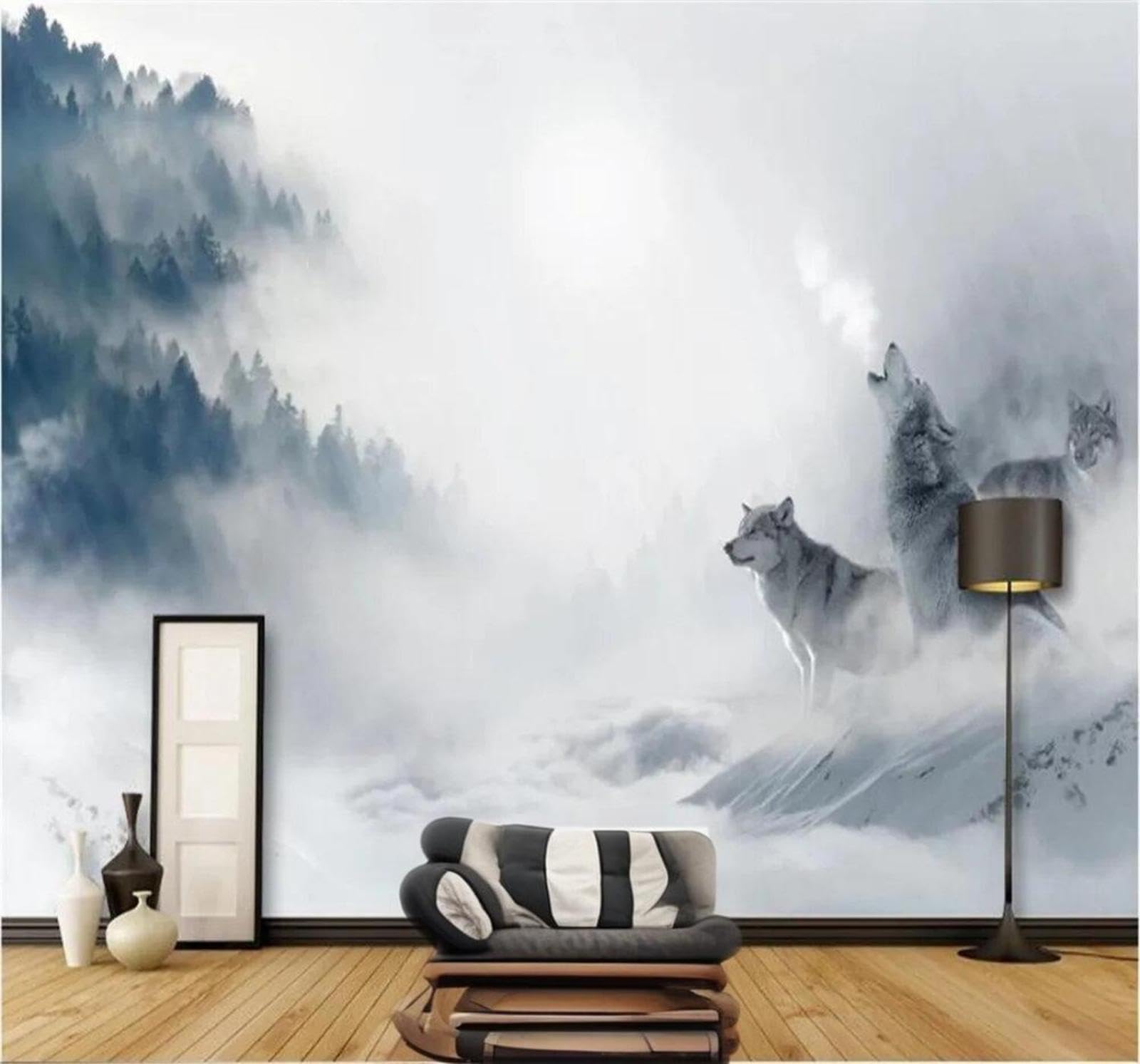 Xlming 400Cm×280Cm(B×H) Three Dimensional Forest White Mist Animals Wolf 3D Wallpaper Premium Textured Silk Study Dining Living Room Bedroom Sofa Tv Wall Easy Install-400Cm×280Cm