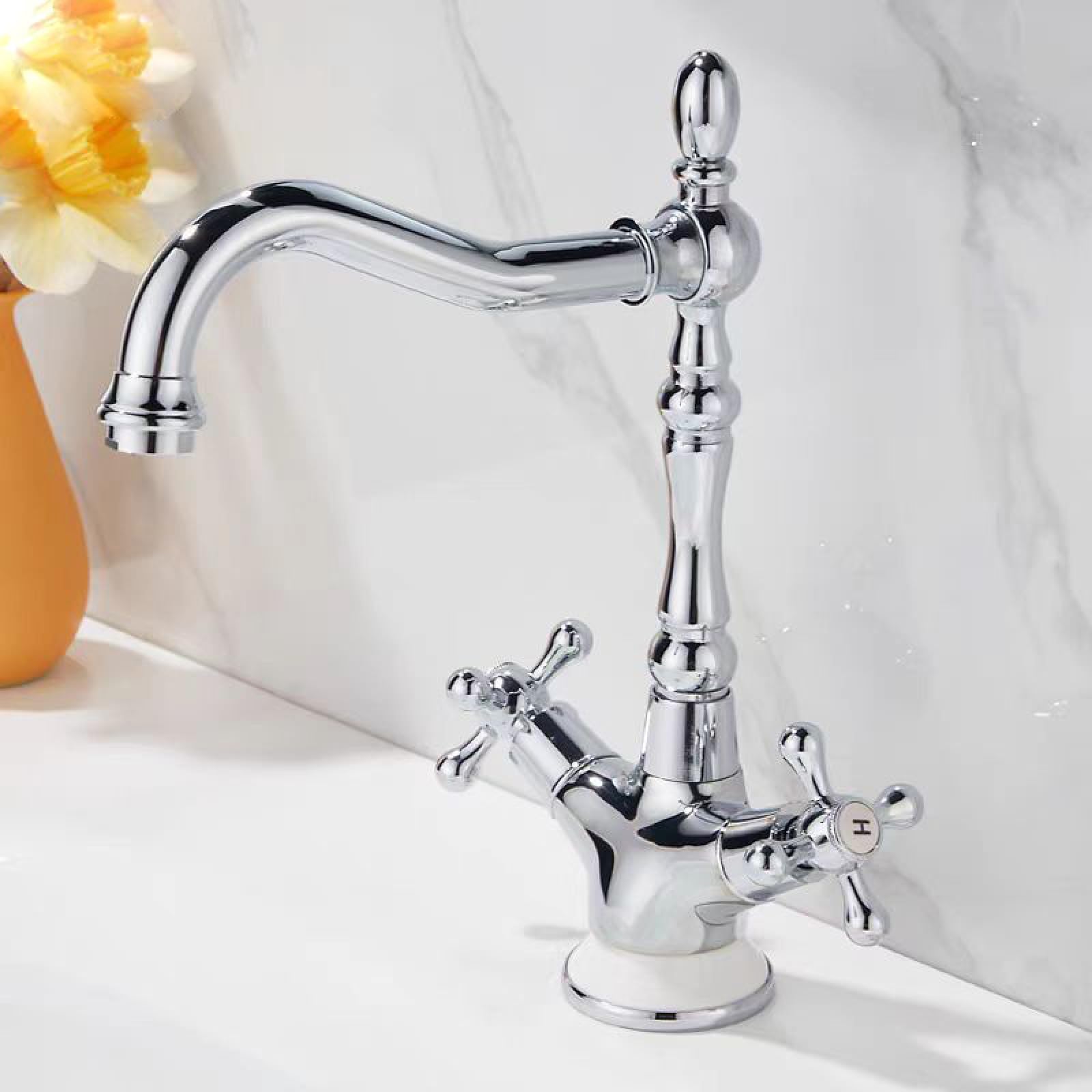Fanjubei Electroplating Bathroom Copper Double-Handle Hot And Cold Rotating Basin Faucet, Electroplated