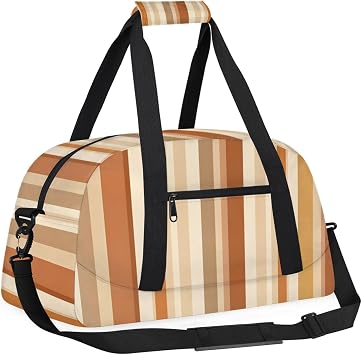 Orange Brown Vertical Stripes Gym Travel Duffle Bag for Women & Men with Front Zipper Pocket for Sports, Overnight, Weekender, Carry On,Workout & Dance Bag,18.9 * 8.7 * 10.6 in