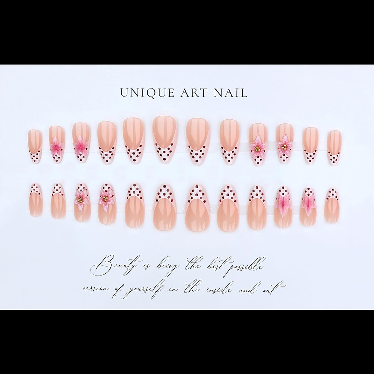French Tip Almond Press On Nails With 3d Gild Cross Charms Kit_voghion.com