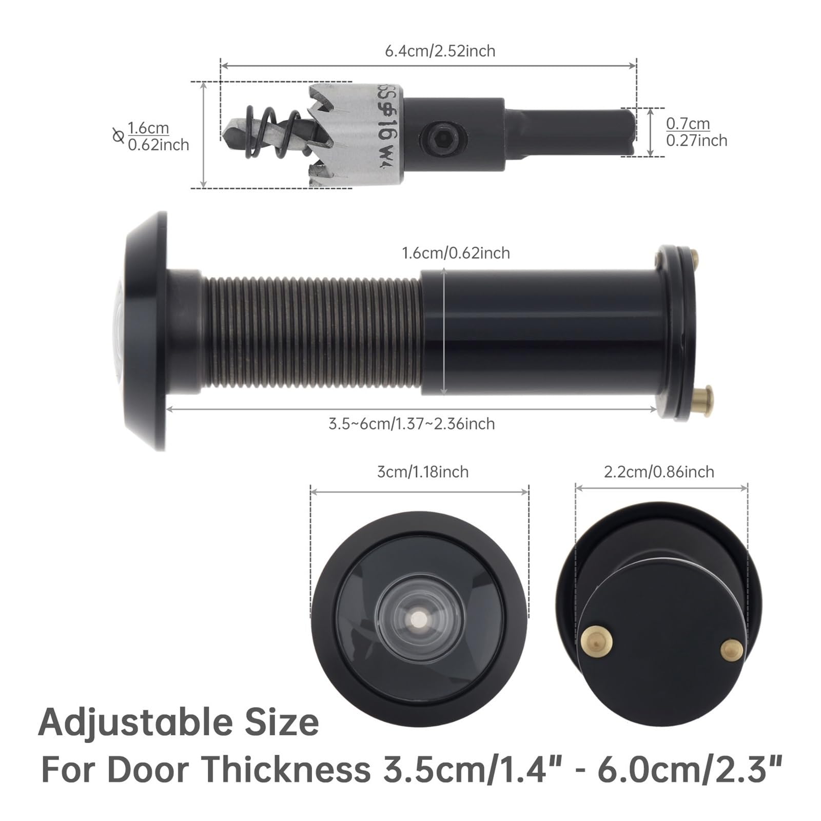 16mm 200 Stopni Wizjer Do Drzwi Szklany Obiektyw Szerokokątny Bezpieczeństwo Peek Peep Otwory O Grubości 35-60mm Z Wiertłem Jasna Wizja(Silver)