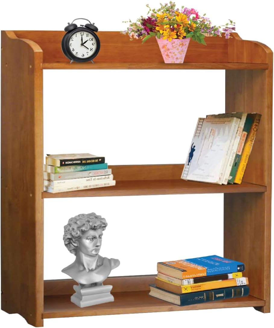 Pink Bookcase by Natural Wood, 4 Tier Bookshelf, Small Book Shelves Freestanding Display Storage Shelves. Open Bookshelf for Bedroom, Living Room and Office (Brown, 3 Tier Simple)